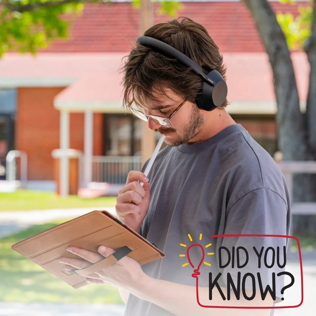 A person wearing headphones is thoughtfully engaging with a tablet outdoors, with the text "Did You Know?" overlaid.